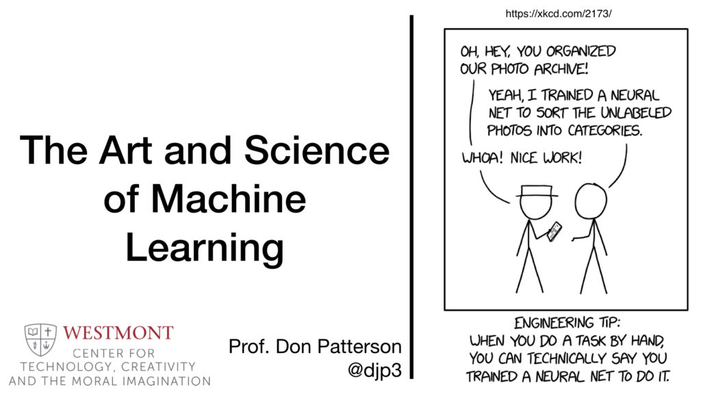 The opening slide of a talk for the MIT Enterprise Form's Event "DOING GOOD: THE ROLE OF AI IN NONPROFIT FUNDRAISING" called The Art and Science of Machine Learning, with a reference to https://xkcd.com/2173.   