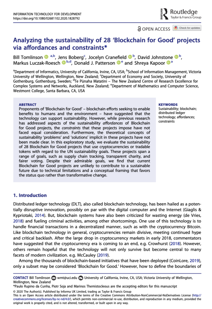 Analyzing the sustainability of 28 ‘Blockchain for Good’ projects via affordances and constraints